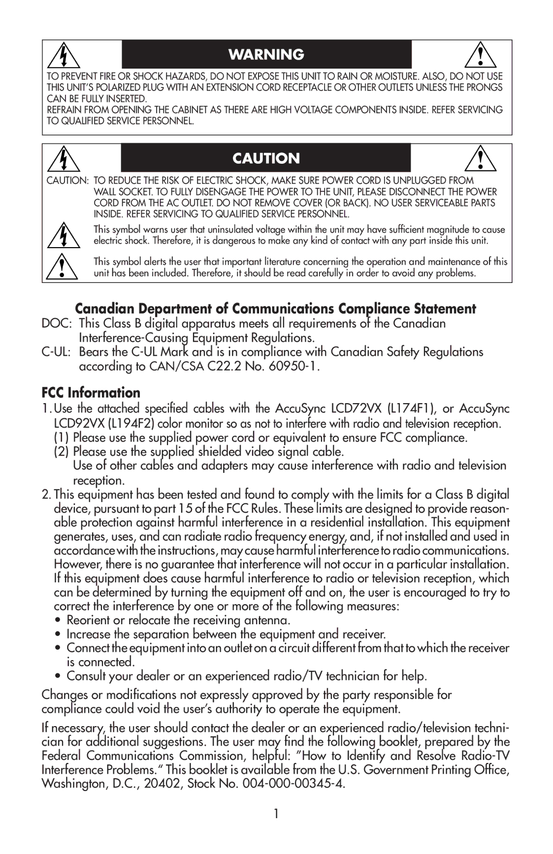 NEC 92VX, LCD72VX manual Canadian Department of Communications Compliance Statement, FCC Information 