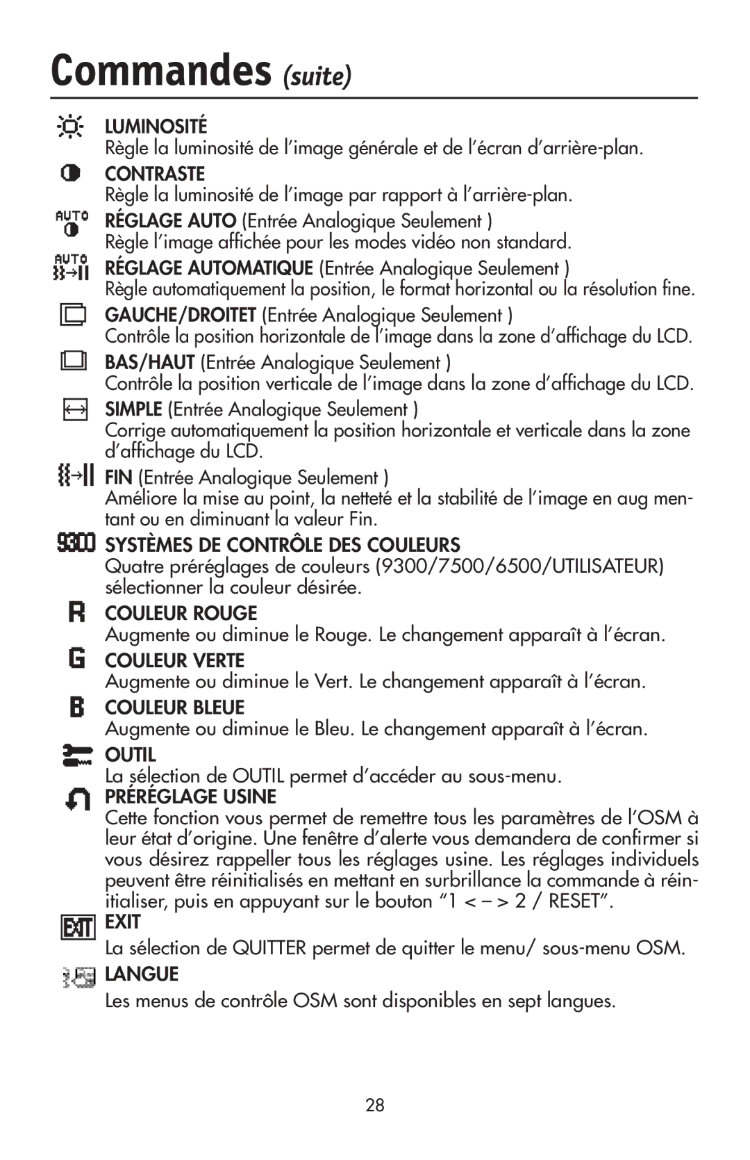 NEC LCD72VX, 92VX manual Commandes suite, La sélection de Outil permet d’accéder au sous-menu 