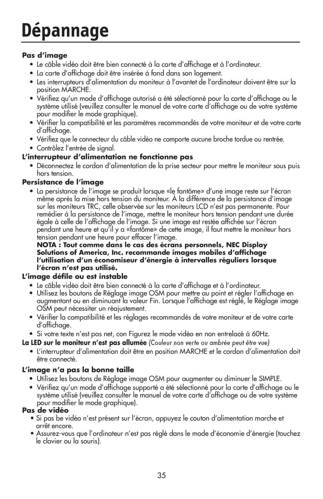 NEC 92VX, LCD72VX manual Dépannage, Pas d’image 