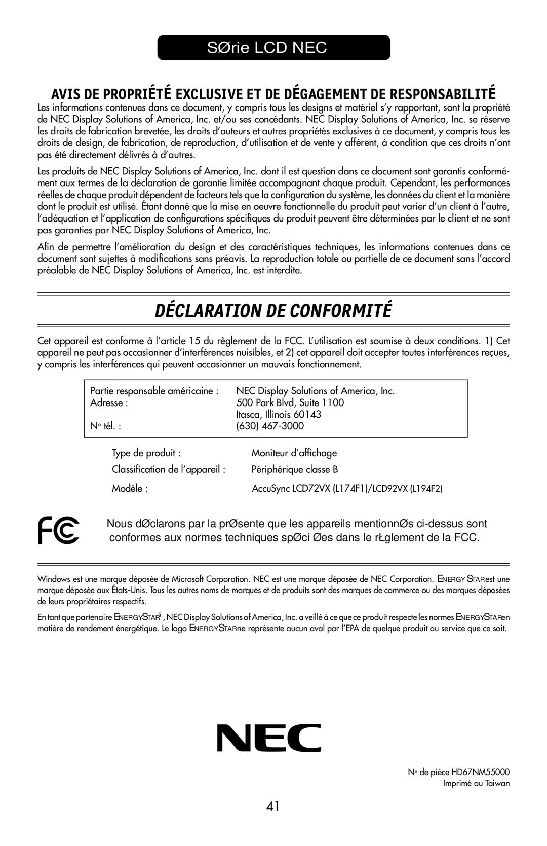 NEC 92VX, LCD72VX manual Déclaration DE Conformité 