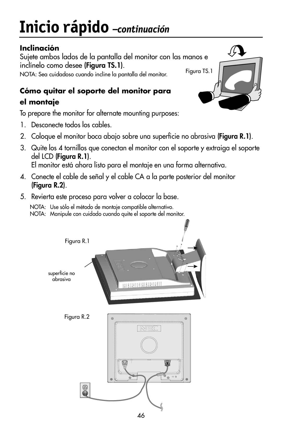 NEC LCD72VX, 92VX manual Inclinación, Cómo quitar el soporte del monitor para el montaje 