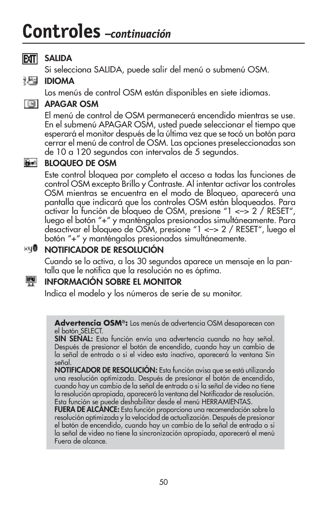 NEC LCD72VX, 92VX manual Si selecciona SALIDA, puede salir del menú o submenú OSM 