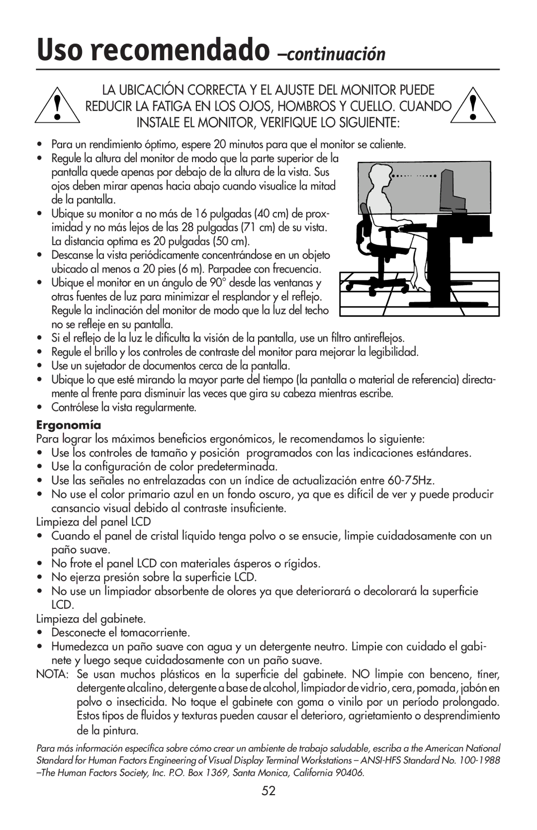 NEC LCD72VX, 92VX manual Uso recomendado -continuación, Ergonomía 