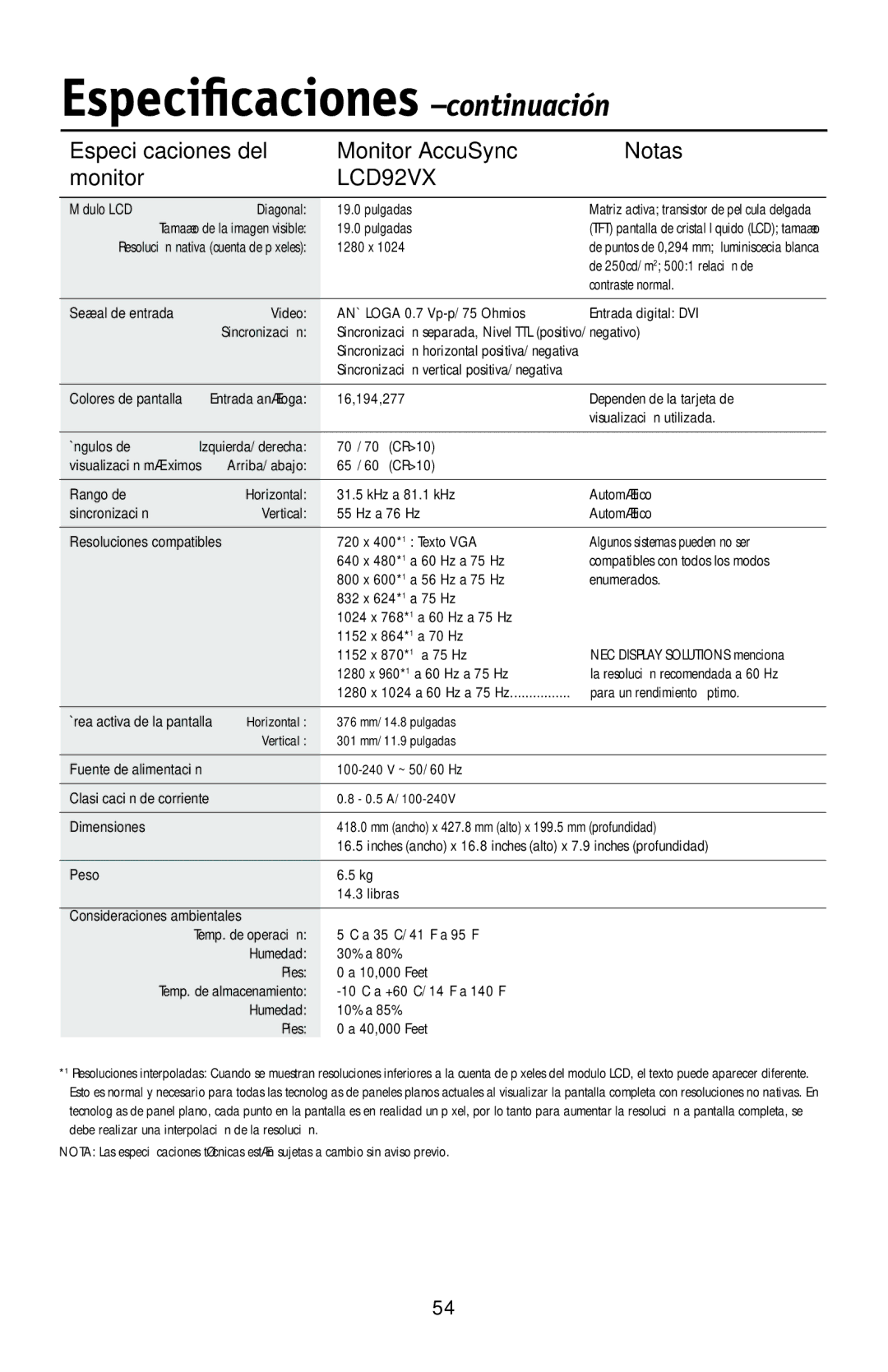 NEC LCD72VX manual Especificaciones -continuación, LCD92VX 