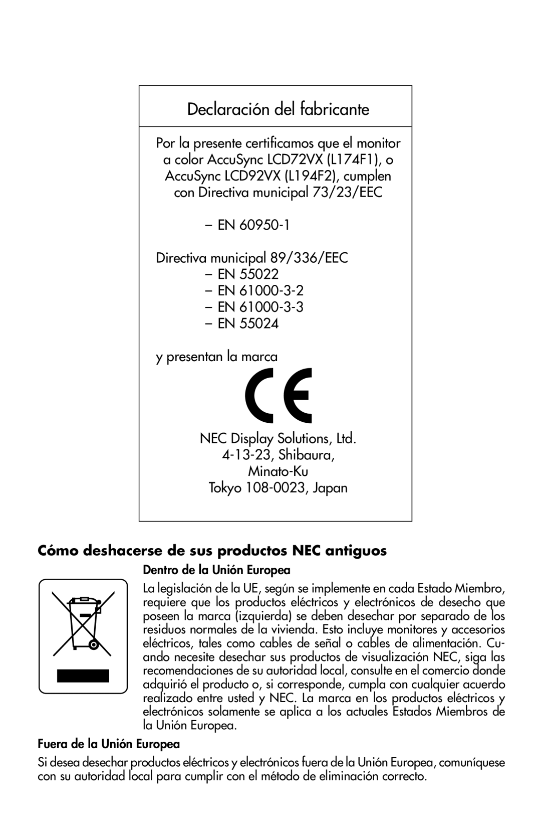 NEC 92VX, LCD72VX Declaración del fabricante, Cómo deshacerse de sus productos NEC antiguos, Dentro de la Unión Europea 