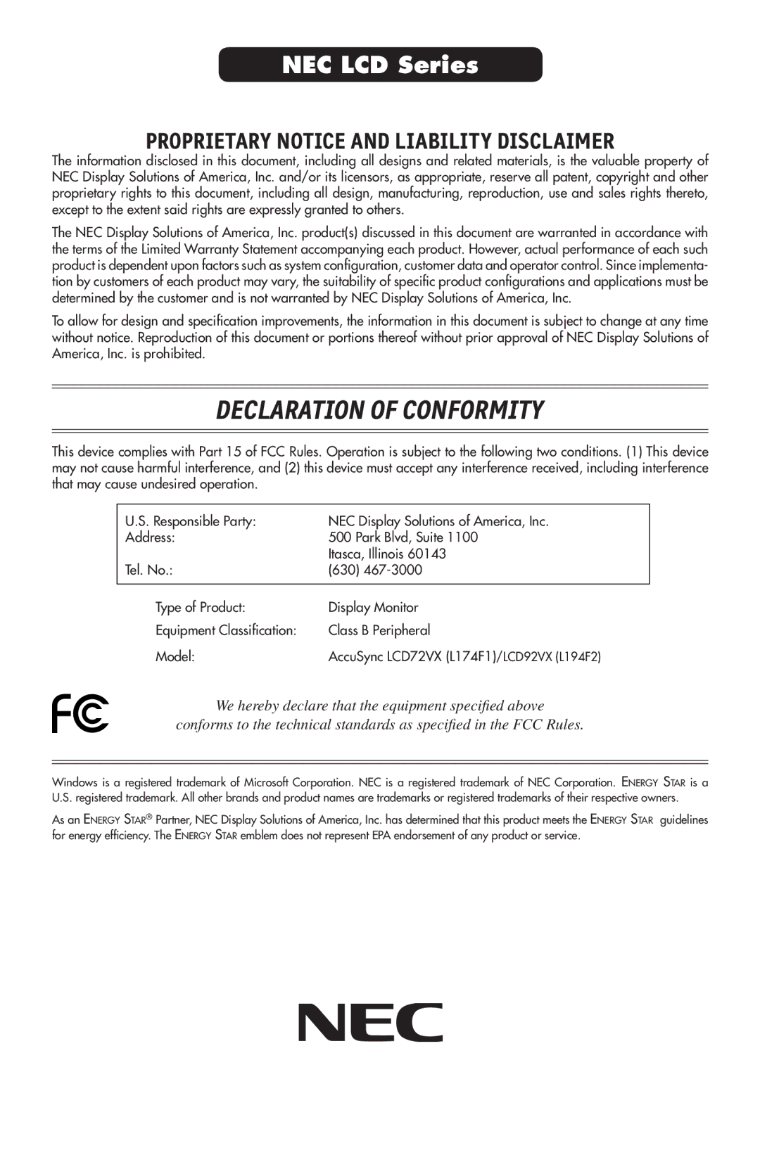 NEC 92VX, LCD72VX manual Declaration of Conformity 