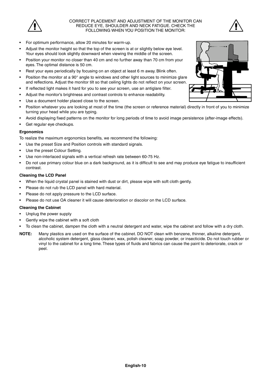 NEC LCD92XM, LCD72XM user manual Ergonomics, Cleaning the LCD Panel, Cleaning the Cabinet, English-10 