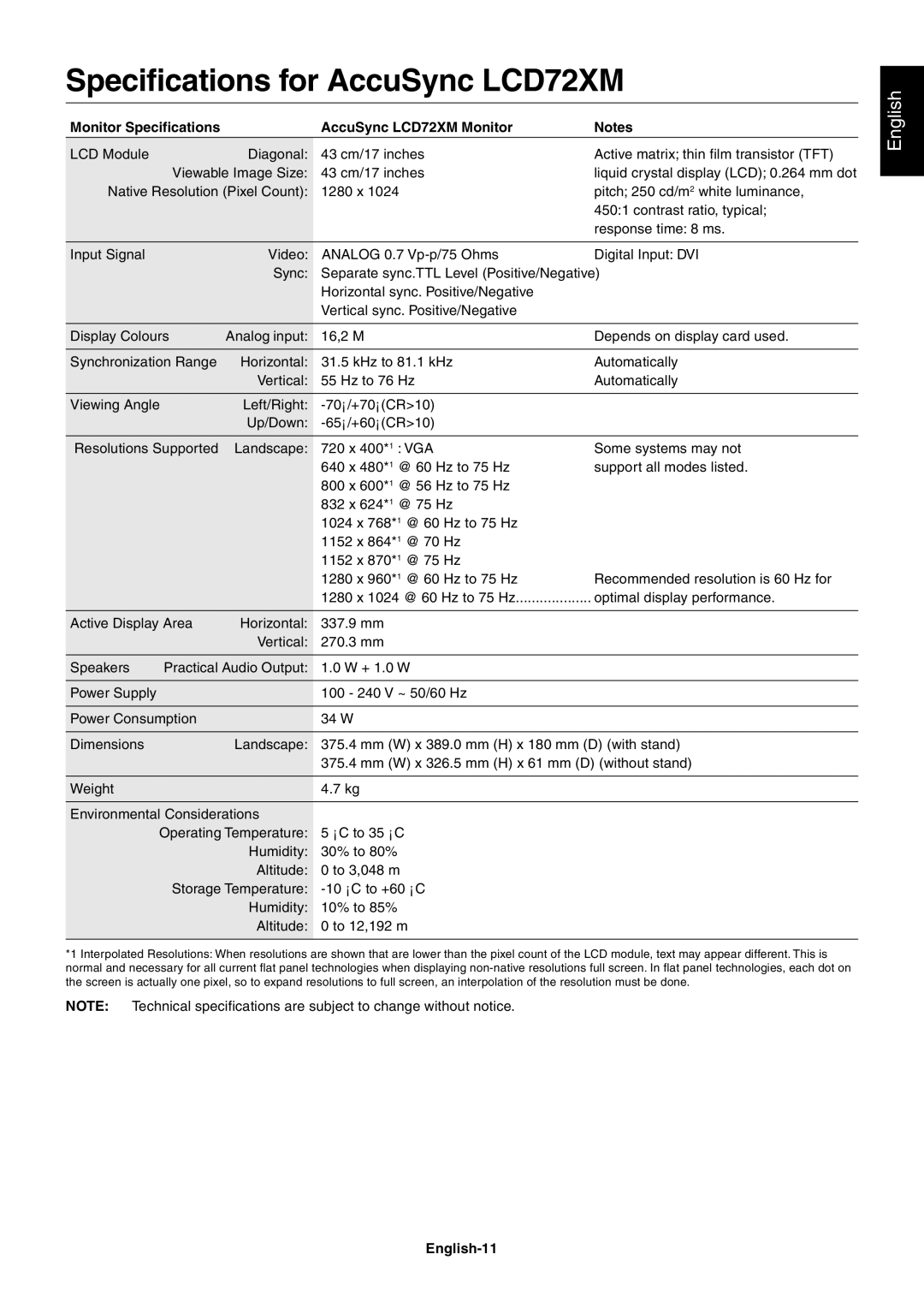 NEC LCD92XM user manual Specifications for AccuSync LCD72XM, Monitor Specifications AccuSync LCD72XM Monitor, English-11 