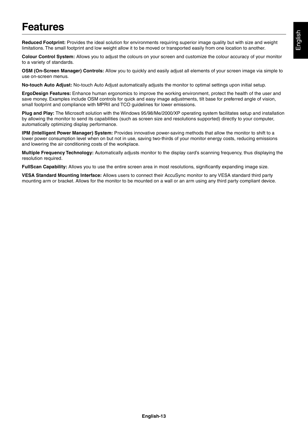 NEC LCD72XM, LCD92XM user manual Features, English-13 