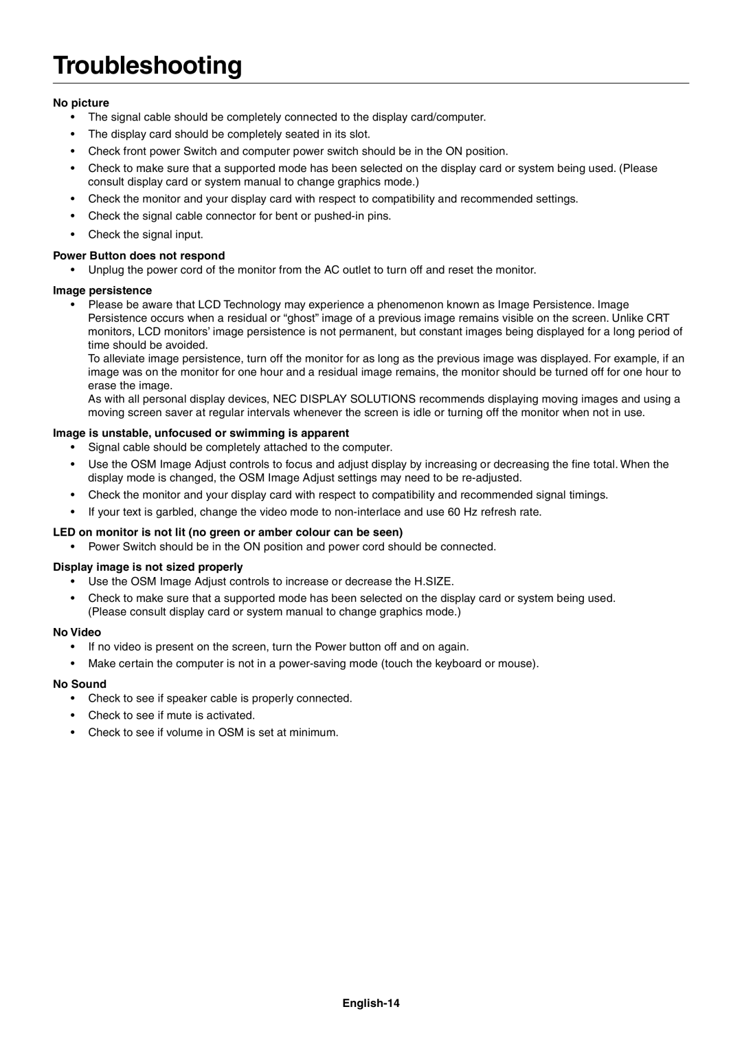 NEC LCD92XM, LCD72XM user manual Troubleshooting 