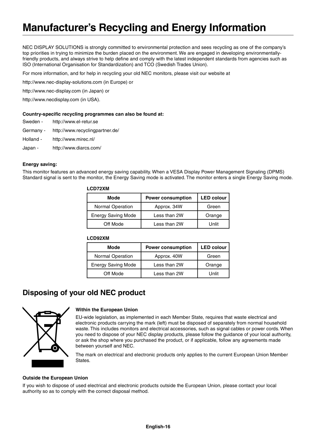 NEC LCD92XM, LCD72XM user manual Manufacturer’s Recycling and Energy Information, Disposing of your old NEC product 