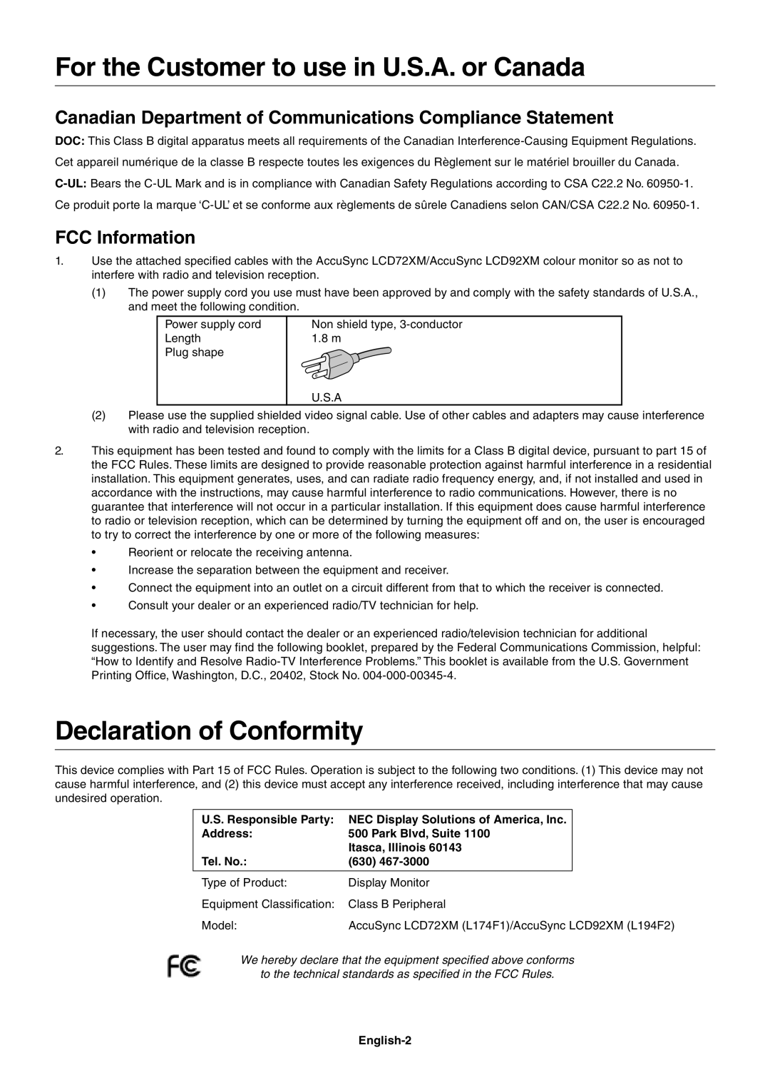 NEC LCD92XM, LCD72XM For the Customer to use in U.S.A. or Canada, Declaration of Conformity, FCC Information, English-2 