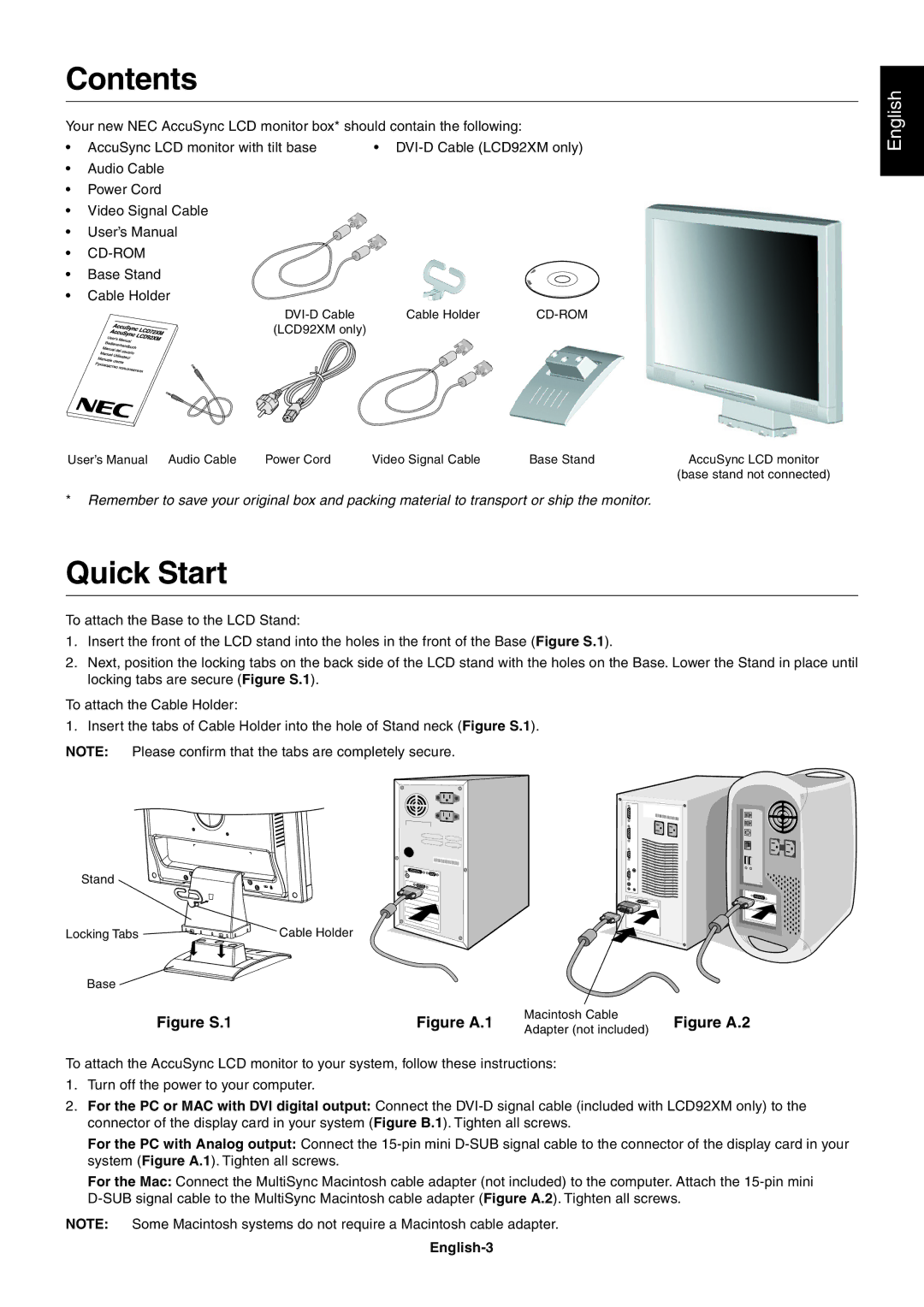 NEC LCD72XM, LCD92XM user manual Contents, Quick Start 