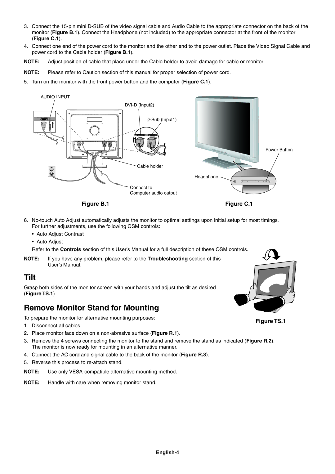 NEC LCD92XM, LCD72XM user manual Tilt, Remove Monitor Stand for Mounting, English-4 