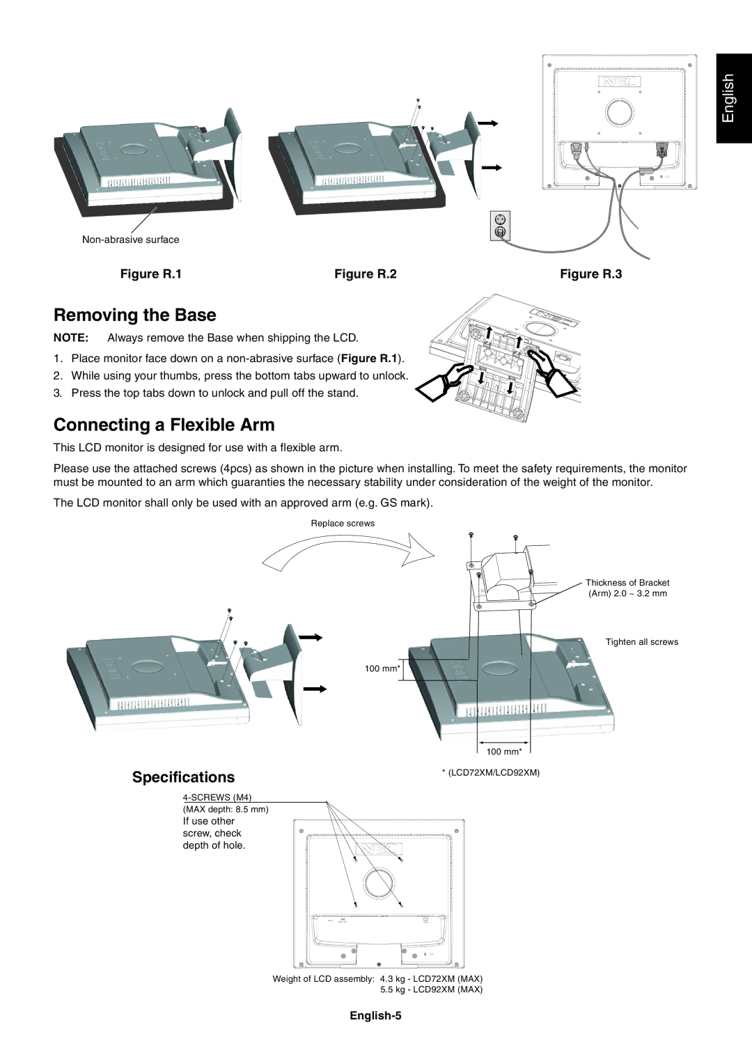 NEC LCD72XM, LCD92XM user manual Removing the Base, Connecting a Flexible Arm, English-5 