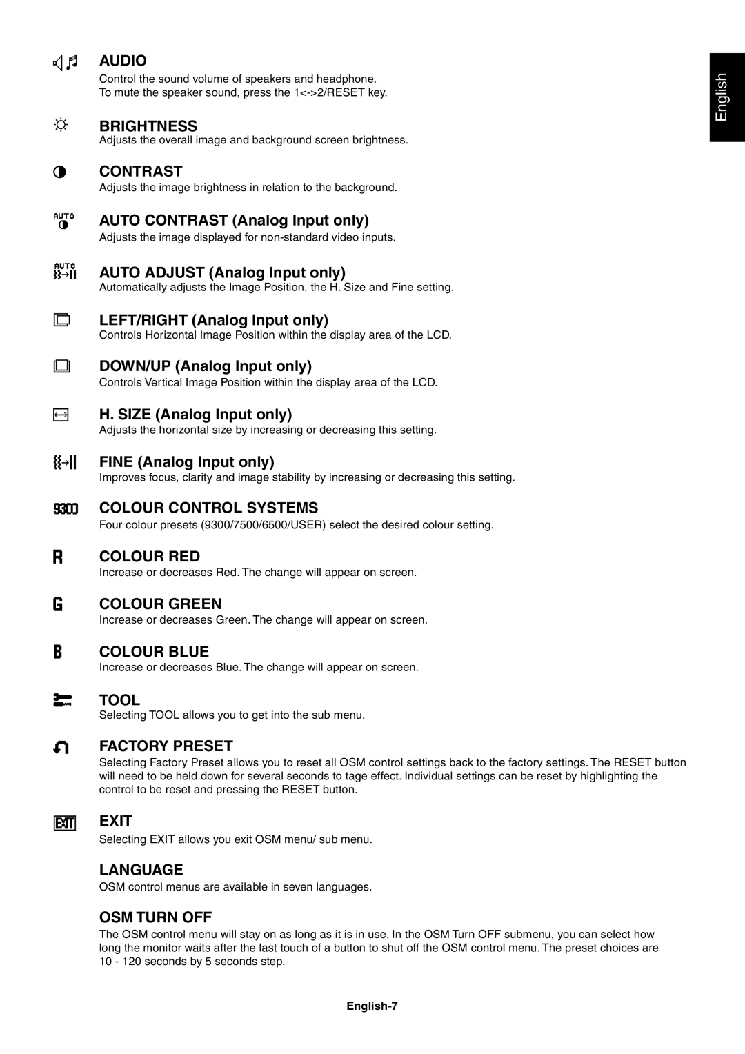 NEC LCD72XM, LCD92XM user manual Audio, English-7 