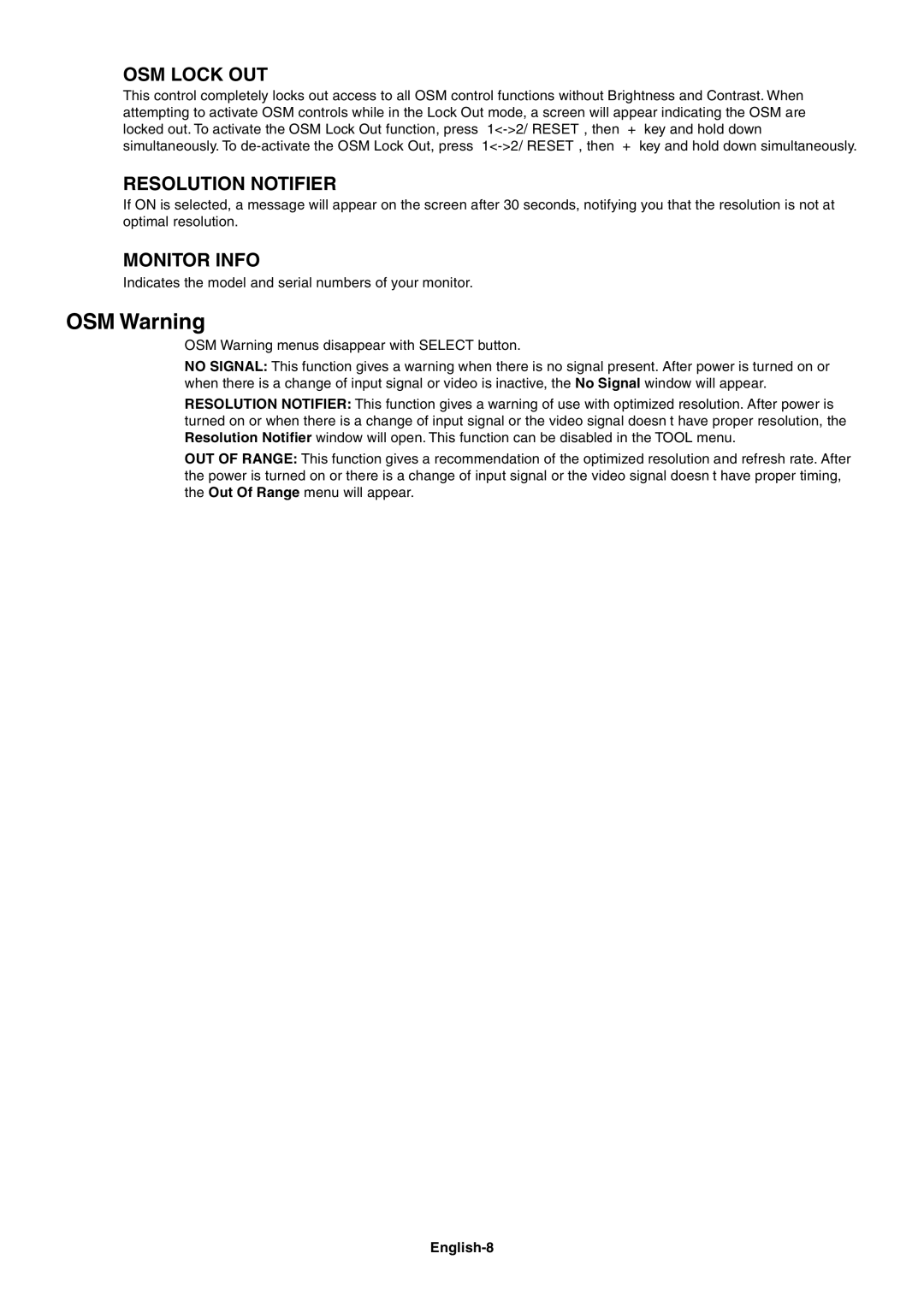 NEC LCD92XM, LCD72XM user manual OSM Warning, English-8 