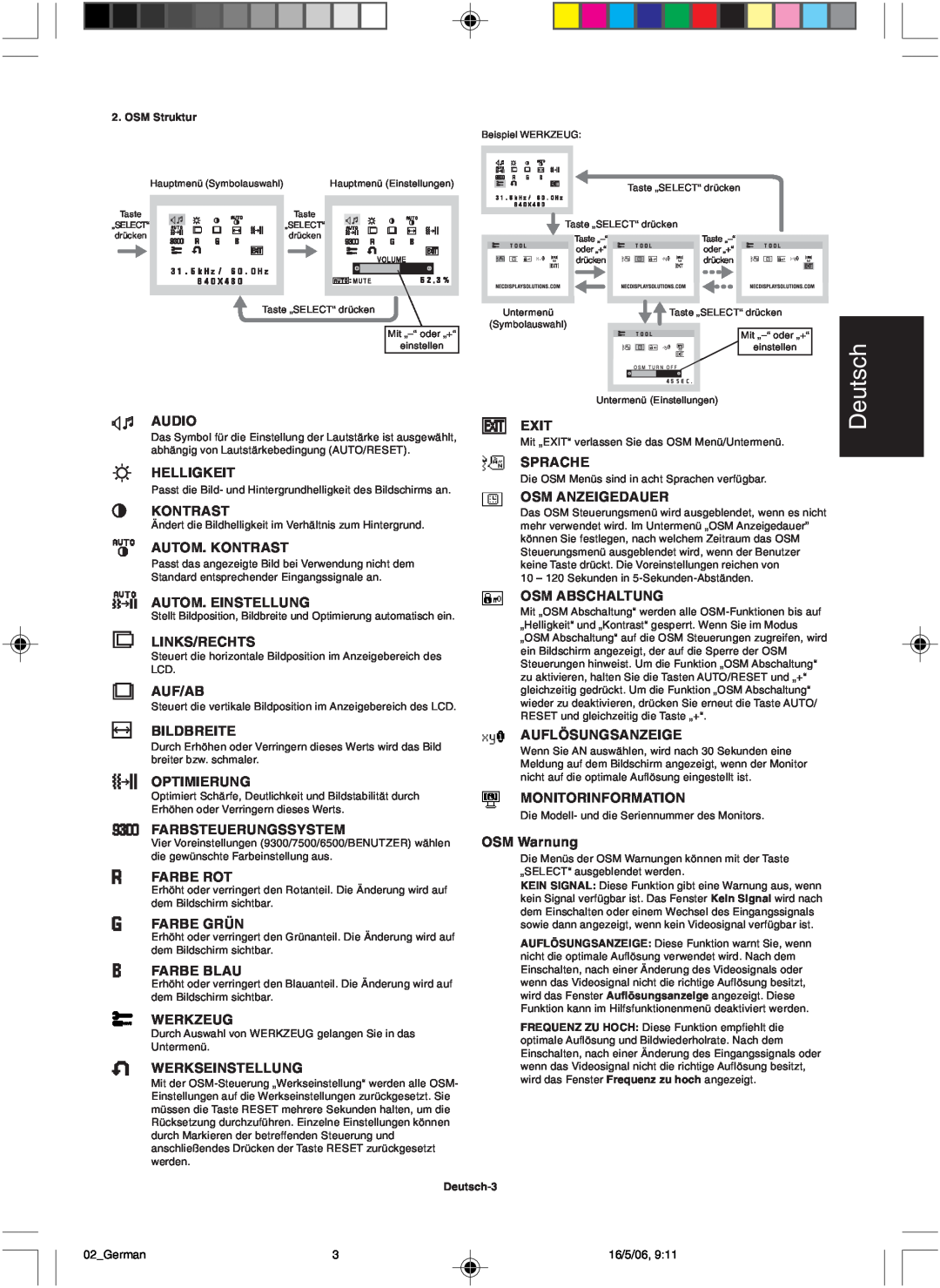 NEC LCD73VM user manual Deutsch, Audio 