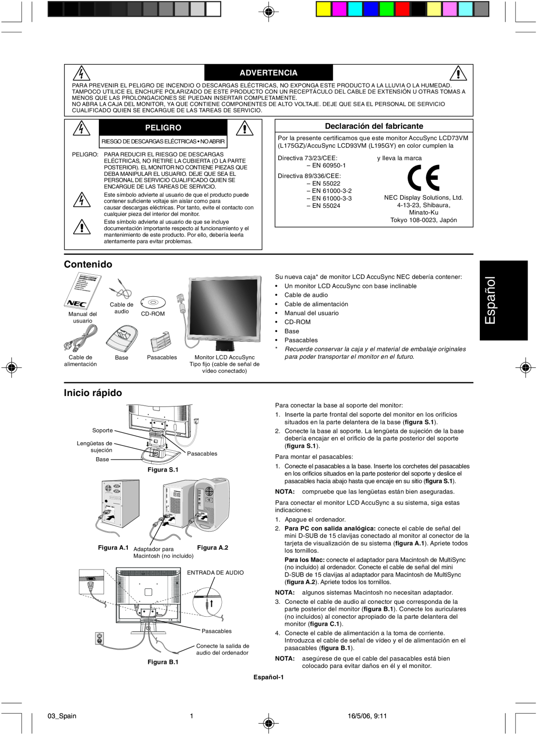 NEC LCD73VM user manual Español, Contenido, Inicio rápido, Advertencia, Peligro 