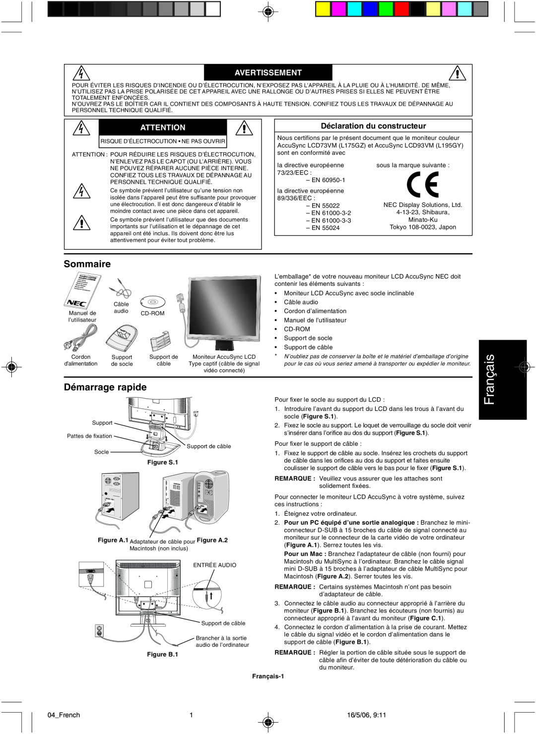 NEC LCD73VM user manual çais, Sommaire, Démarrage rapide, Fran, Avertissement 