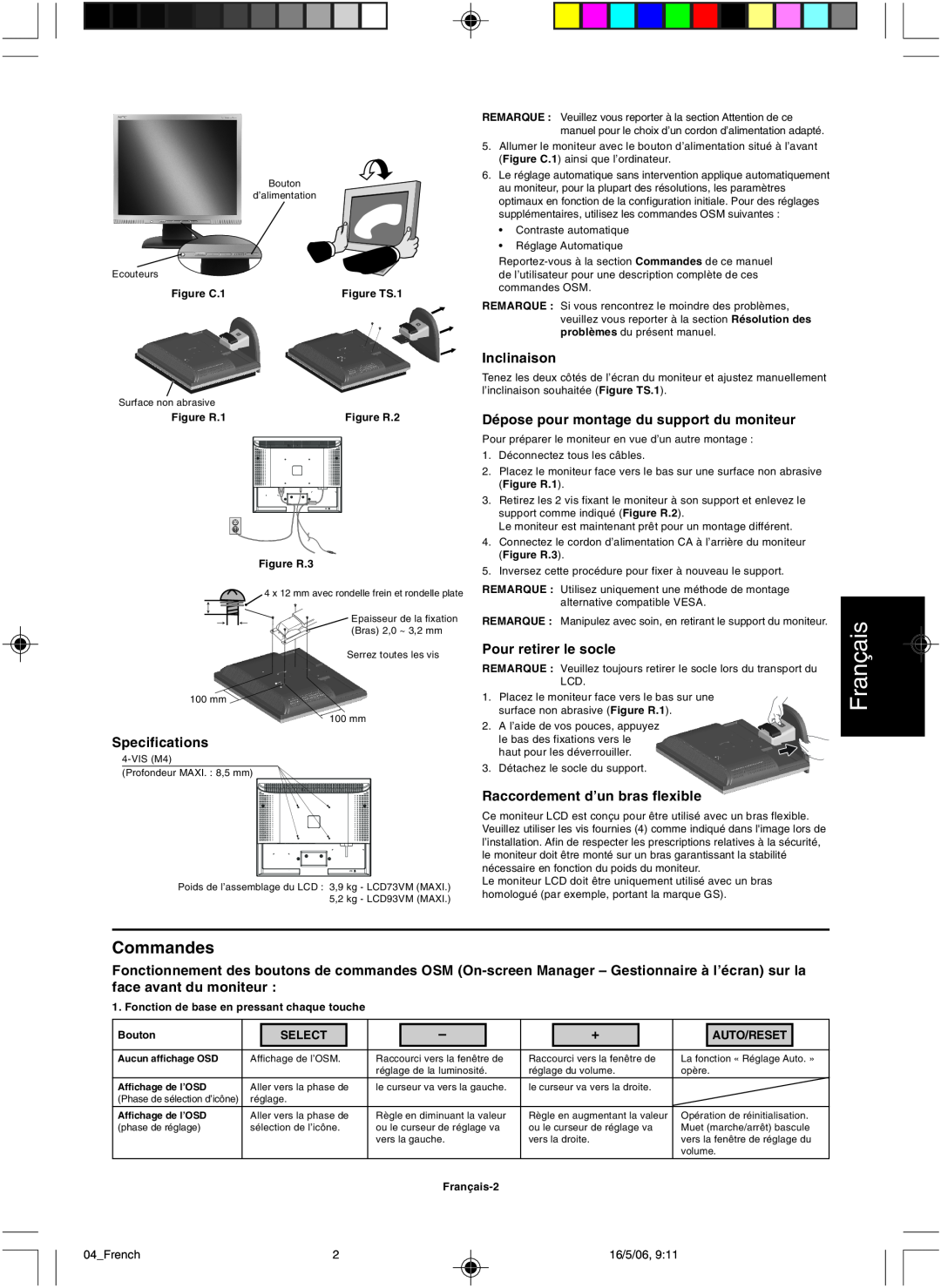 NEC LCD73VM user manual Français, Commandes, Select, Auto/Reset 