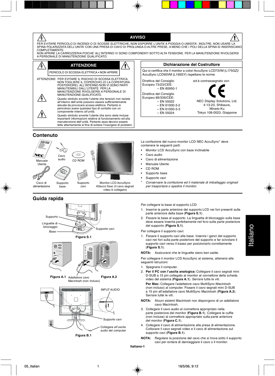 NEC LCD73VM user manual Contenuto, Guida rapida, Avviso, Attenzione, Italiano 