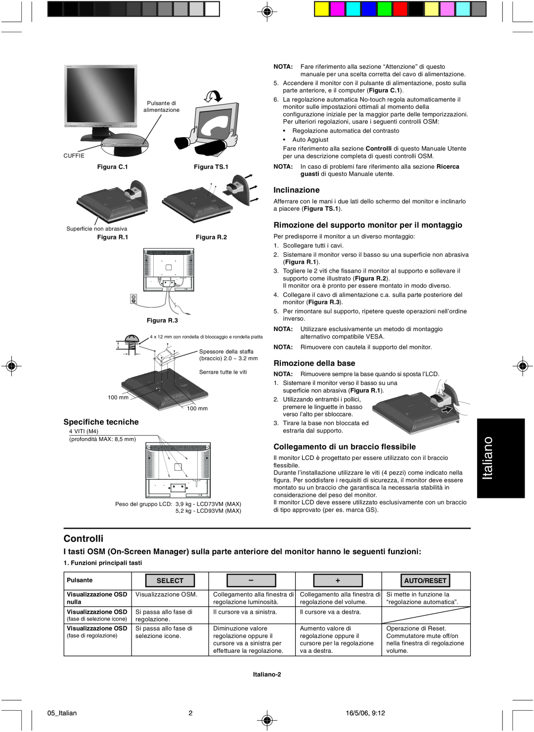 NEC LCD73VM user manual Italiano, Controlli, Select, Auto/Reset 