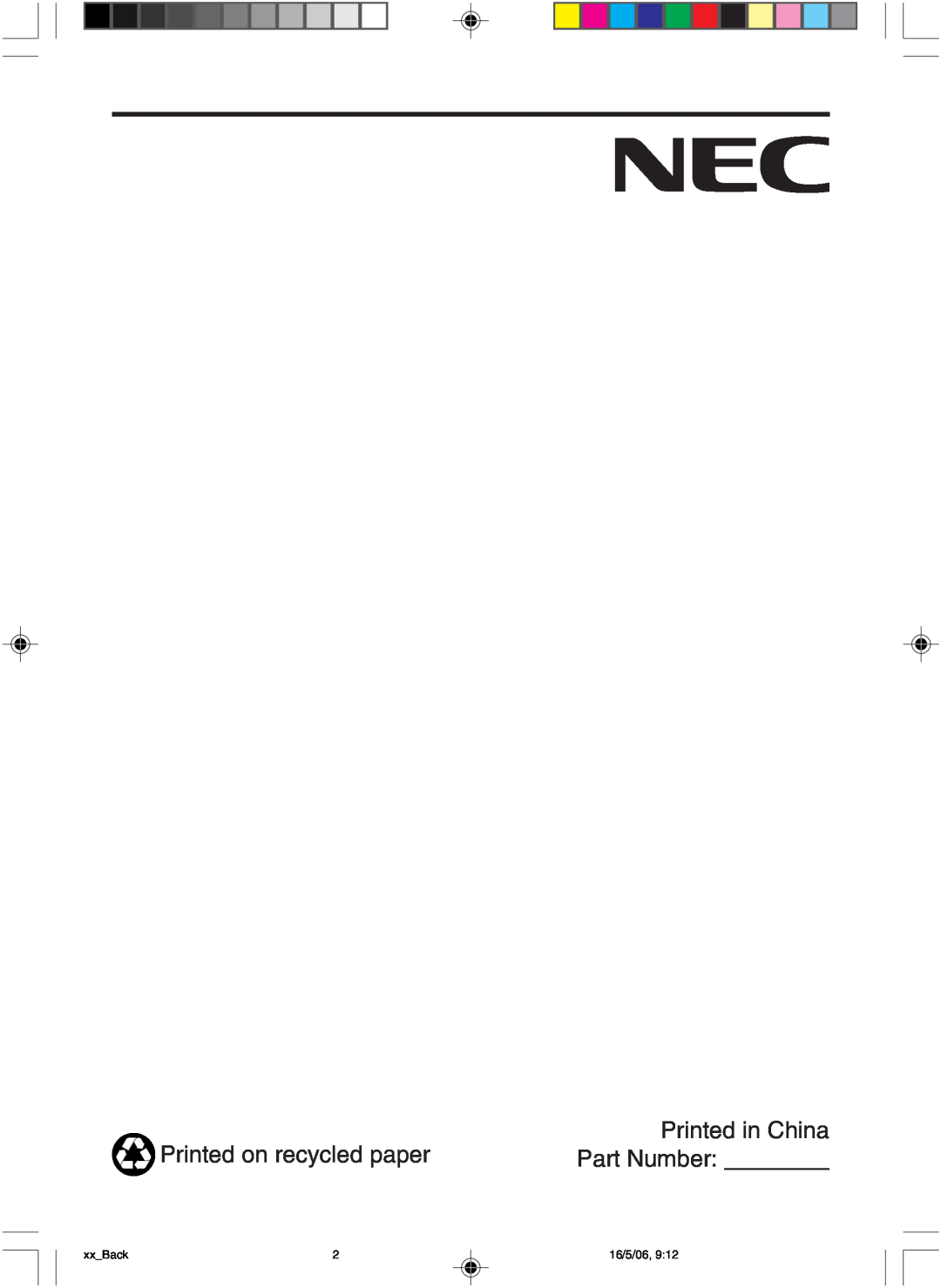 NEC LCD73VM user manual Printed on recycled paper, Part Number, xx Back, 16/5/06 