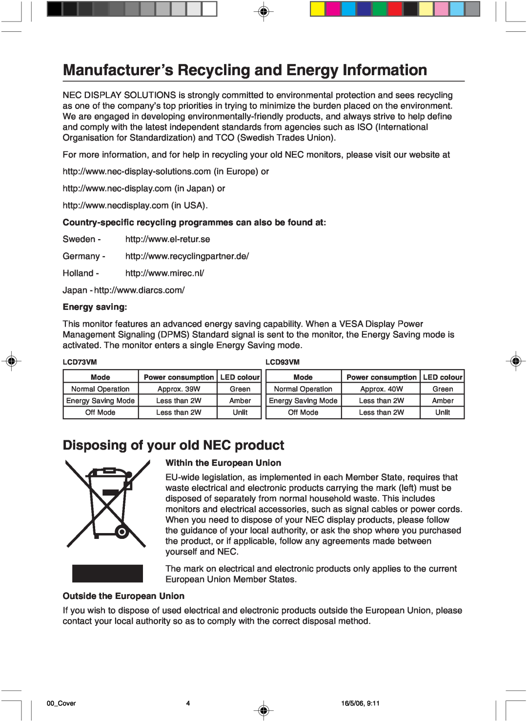 NEC LCD73VM user manual Manufacturer’s Recycling and Energy Information, Energy saving, Within the European Union 