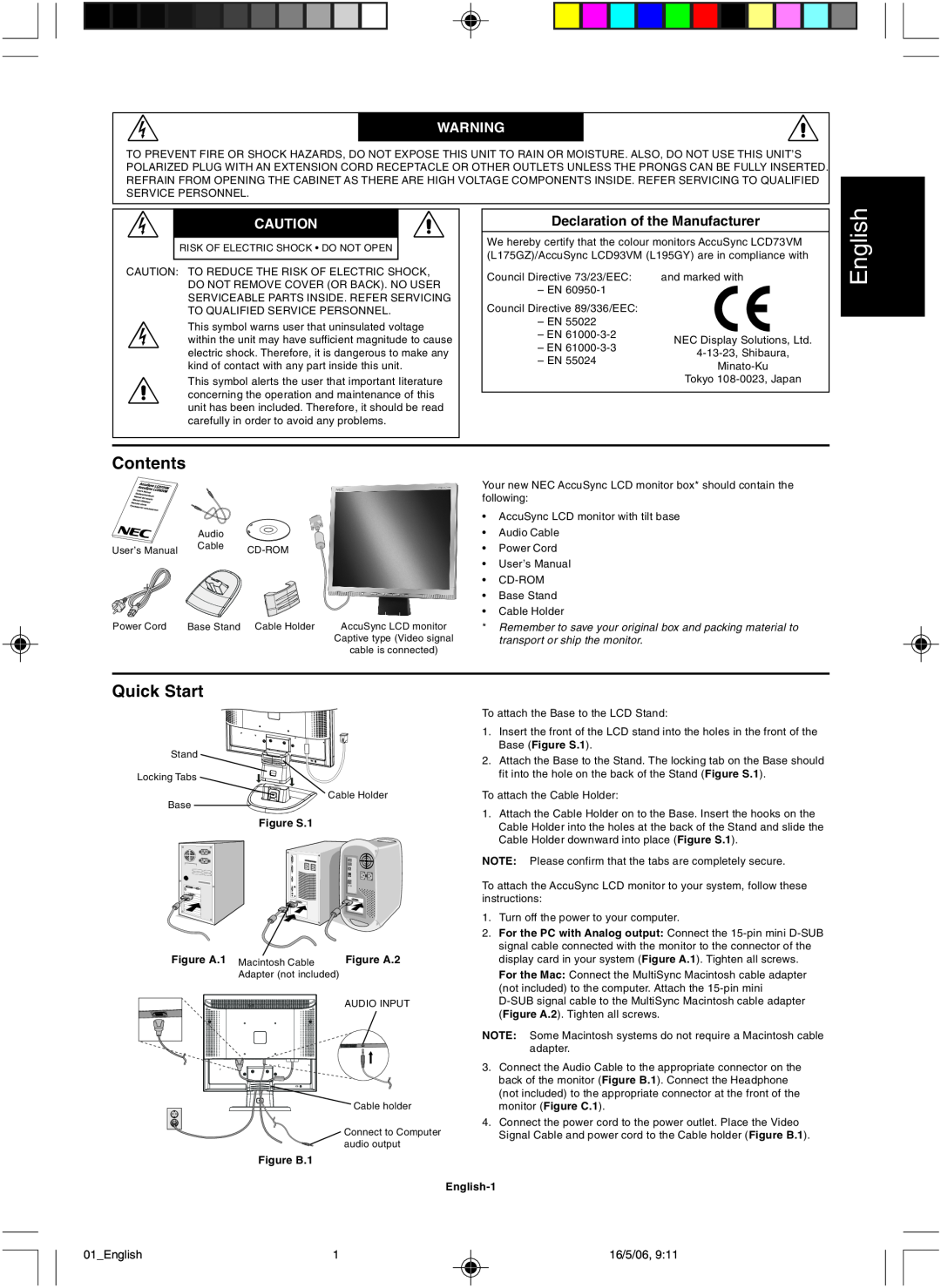 NEC LCD73VM user manual English, Contents, Quick Start 