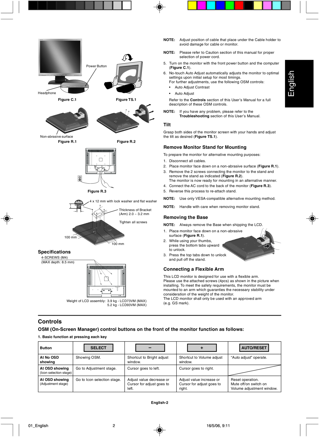 NEC LCD73VM Controls, English, Specifications, Tilt, Remove Monitor Stand for Mounting, Removing the Base, Select 