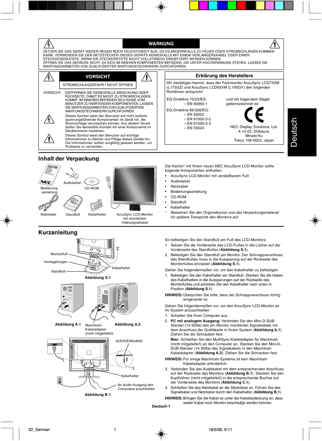 NEC LCD73VM user manual Deutsch, Inhalt der Verpackung, Kurzanleitung, Warnung, Vorsicht 