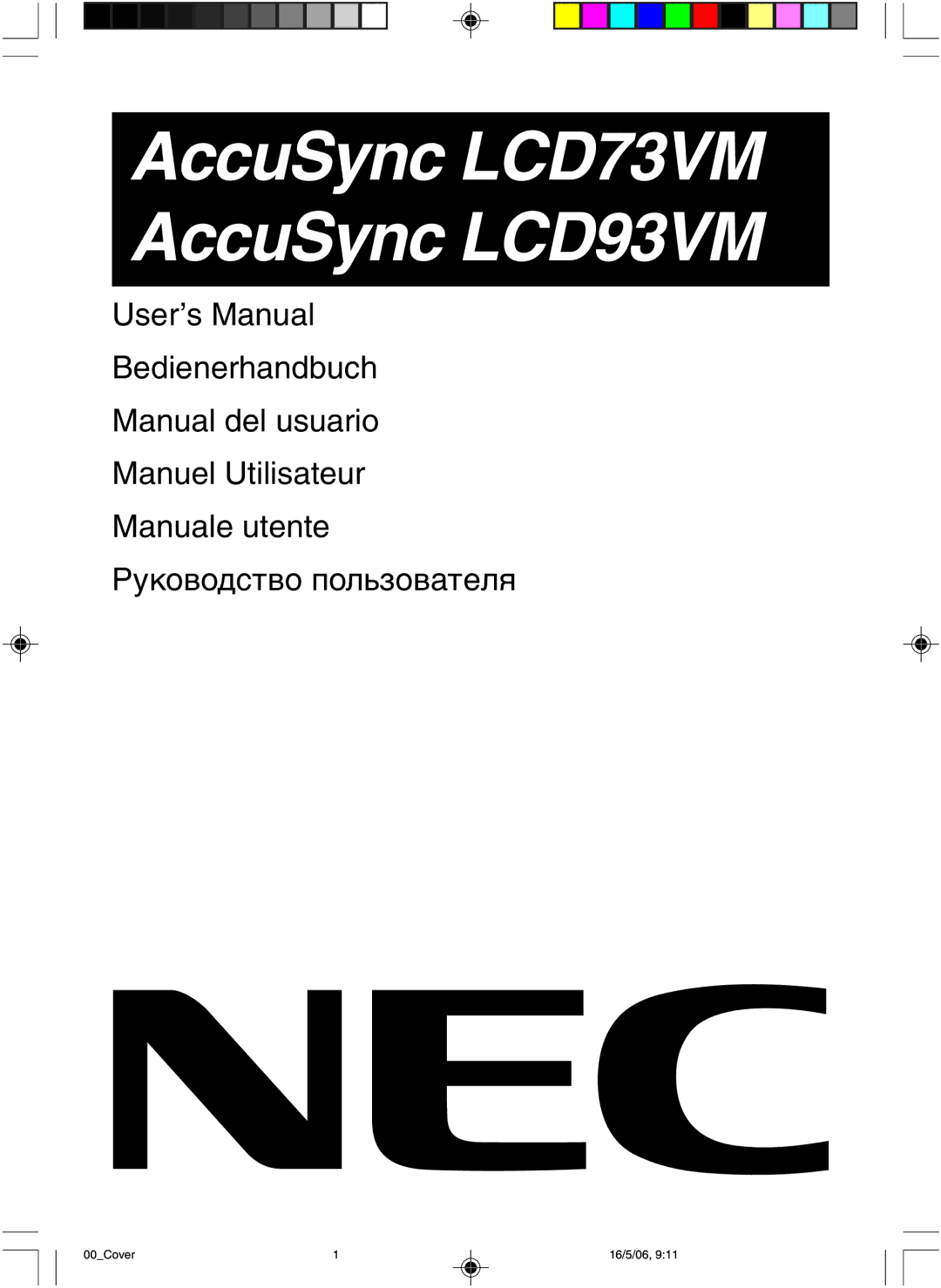 NEC user manual AccuSync LCD73VM AccuSync LCD93VM, 00Cover 16/5/06 