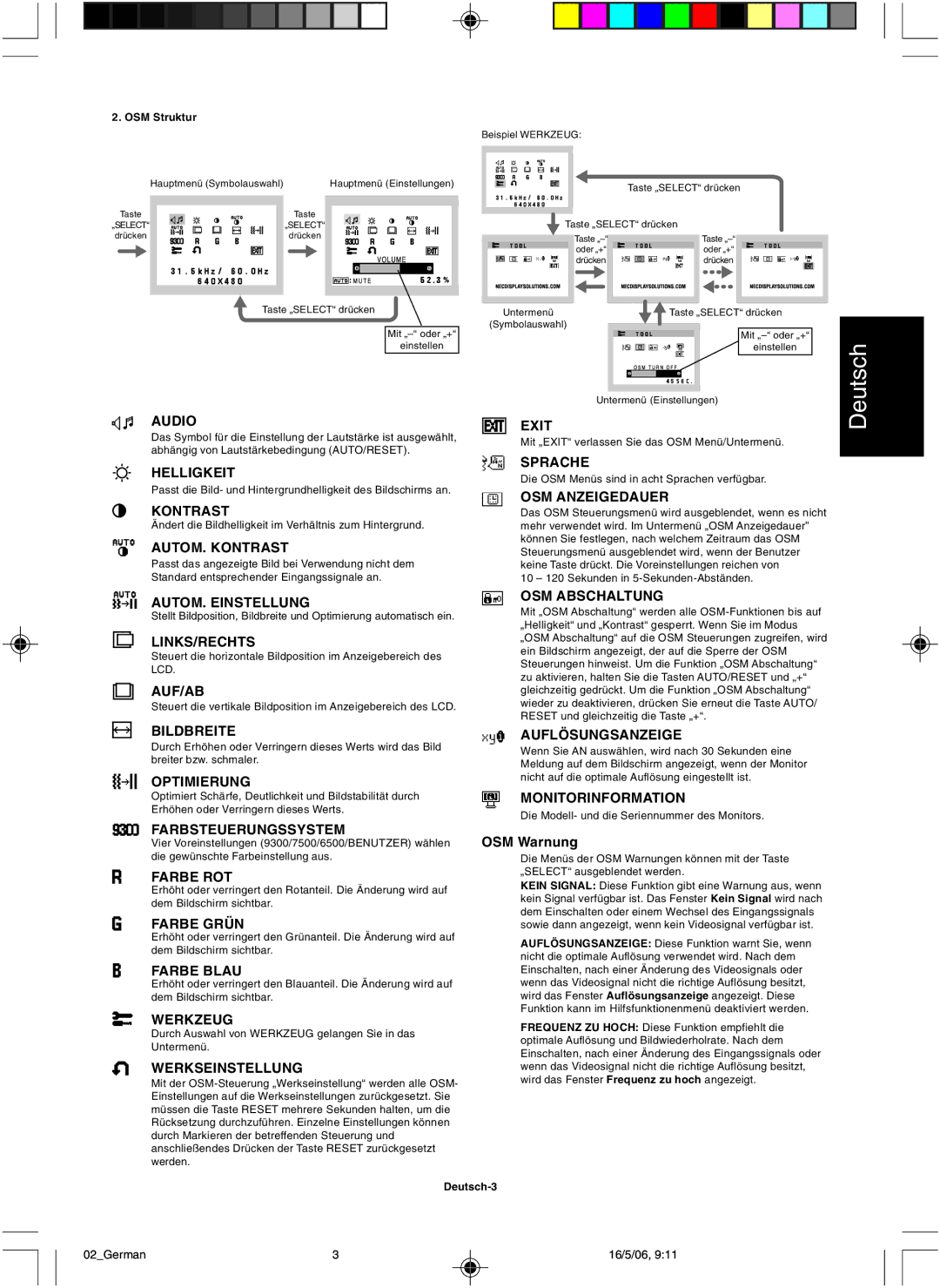 NEC LCD73VM Helligkeit, AUTOM. Kontrast, Sprache, OSM Anzeigedauer, AUTOM. Einstellung, Links/Rechts, Auf/Ab, Werkzeug 