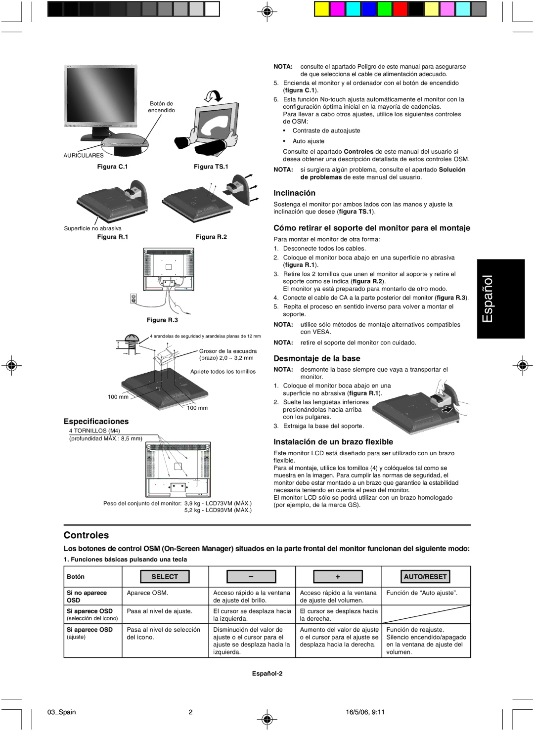 NEC LCD73VM user manual Controles 