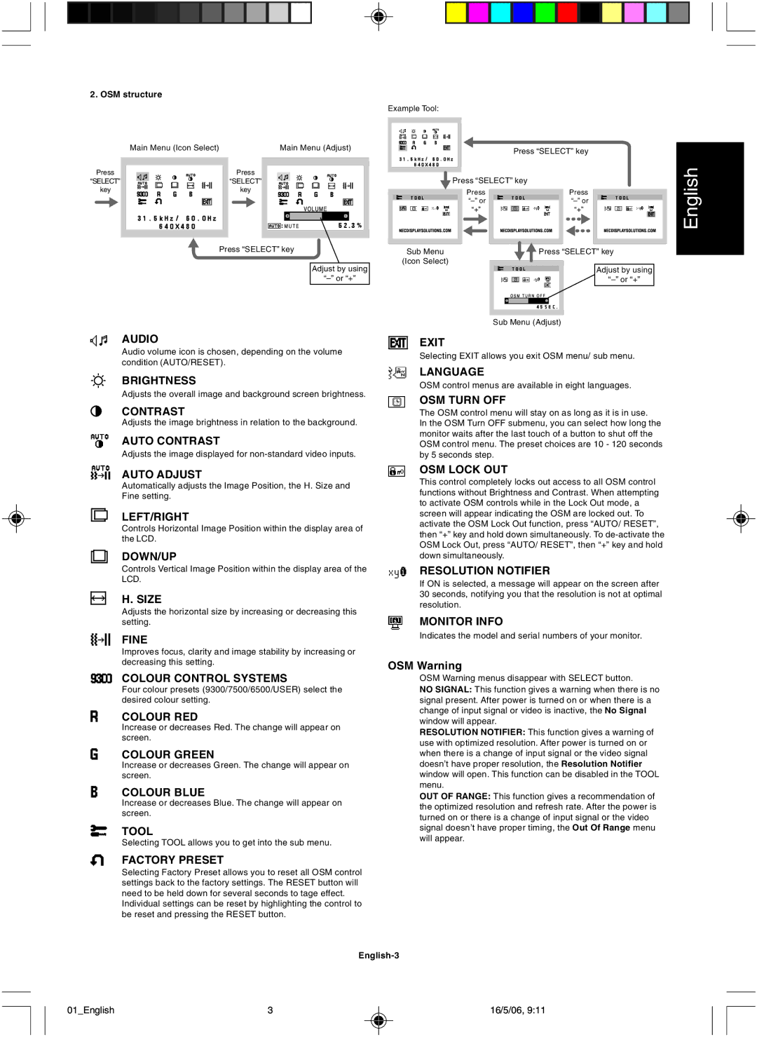 NEC LCD73VM Audio Exit, Brightness Language, OSM Turn OFF, Auto Contrast, Auto Adjust, Left/Right, Down/Up, Size, Fine 