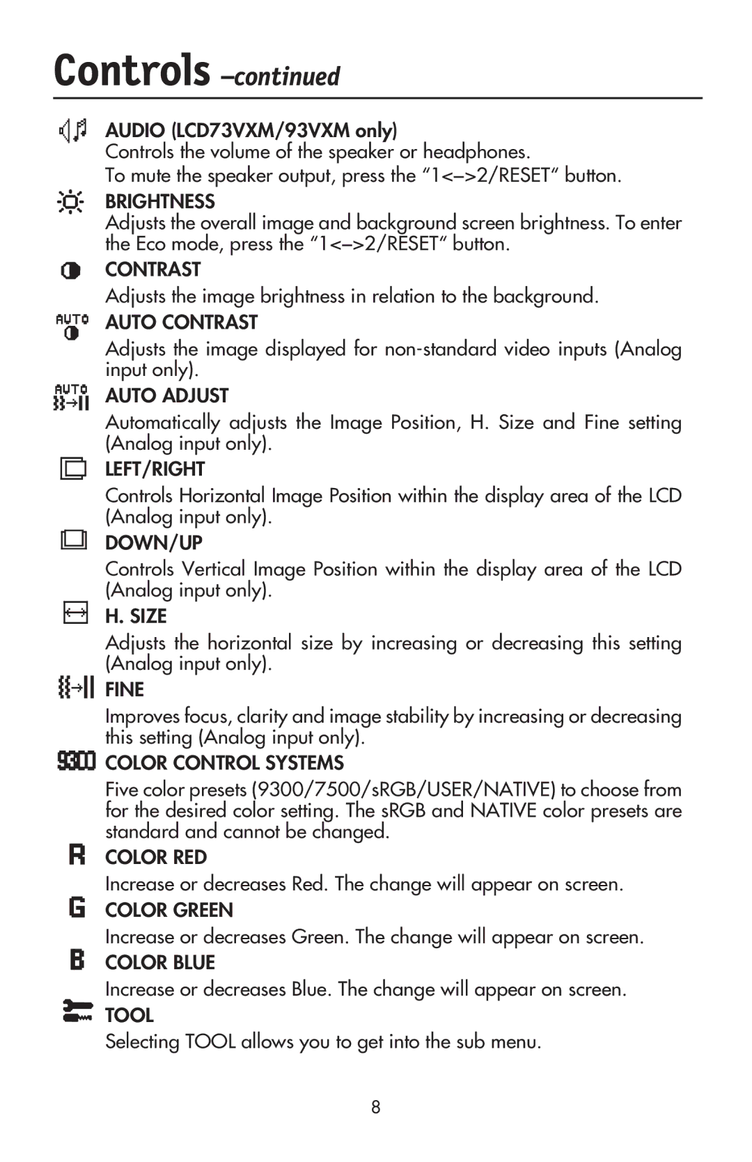 NEC LCD93VXMTM, LCD73VXTM, LCD73VXM user manual Adjusts the image brightness in relation to the background 