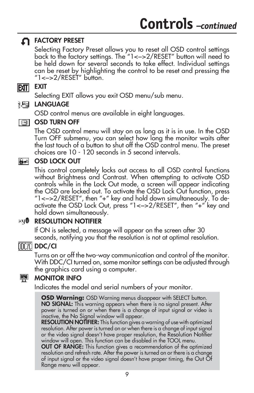 NEC LCD93VX, LCD73VXM Selecting Exit allows you exit OSD menu/sub menu, OSD control menus are available in eight languages 