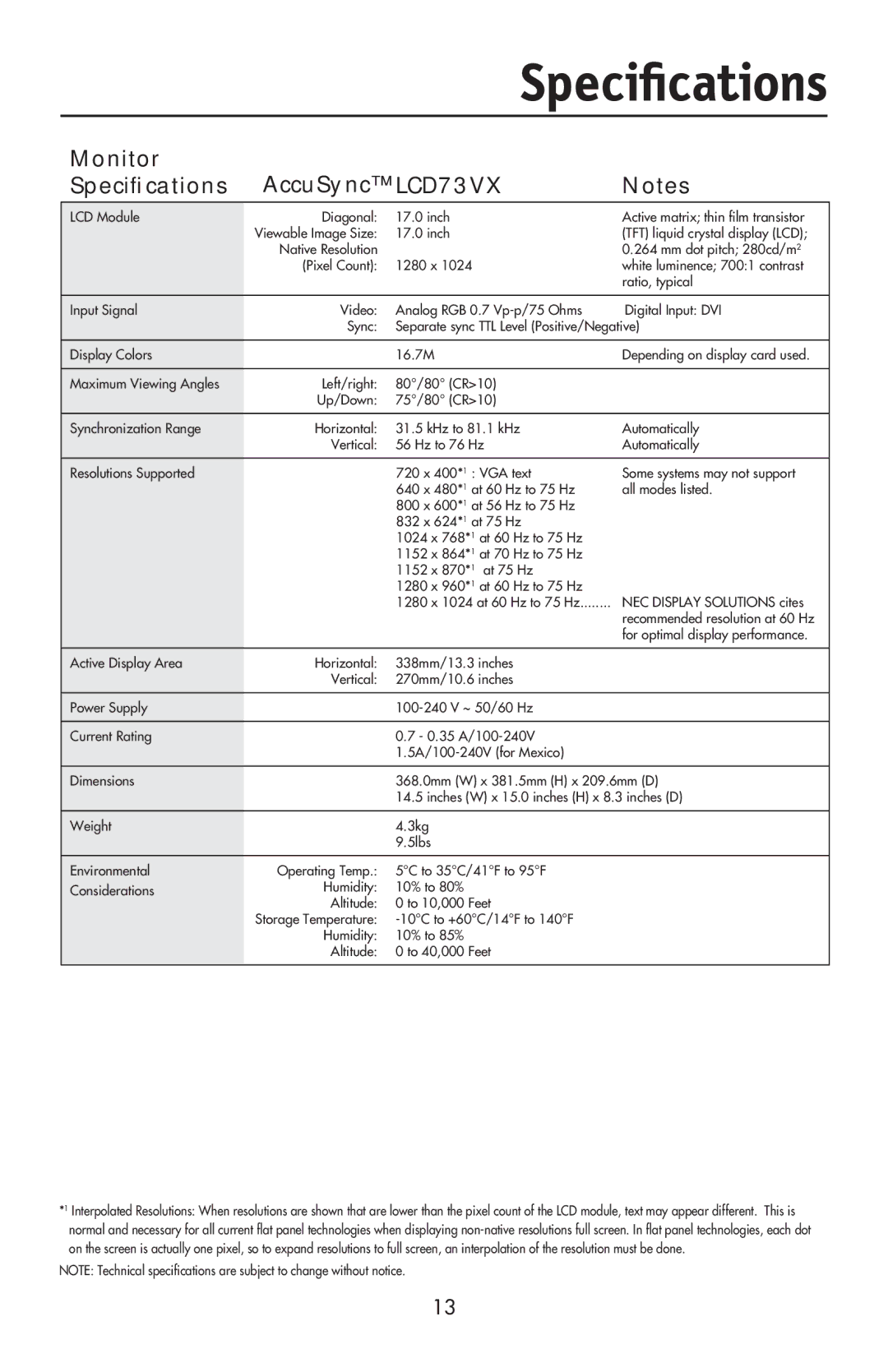 NEC LCD73VXTM, LCD73VXM, LCD93VXMTM user manual Monitor AccuSync LCD73VX Speciﬁcations 