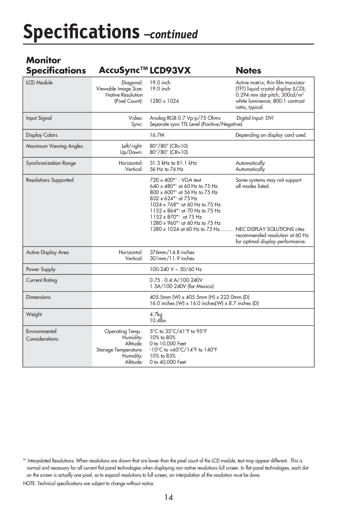 NEC LCD73VXTM, LCD73VXM, LCD93VXMTM user manual Monitor AccuSync LCD93VX Speciﬁcations 