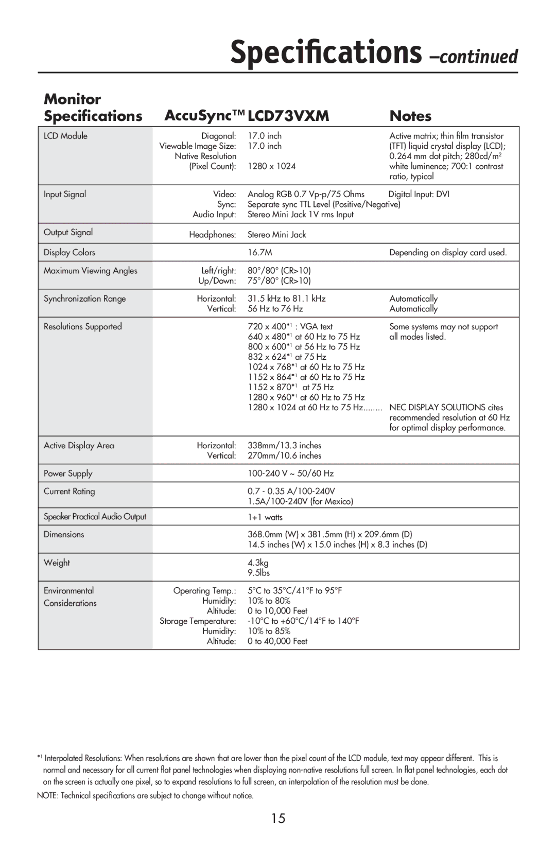 NEC LCD73VXTM, LCD93VXMTM user manual Monitor AccuSync LCD73VXM Speciﬁcations 