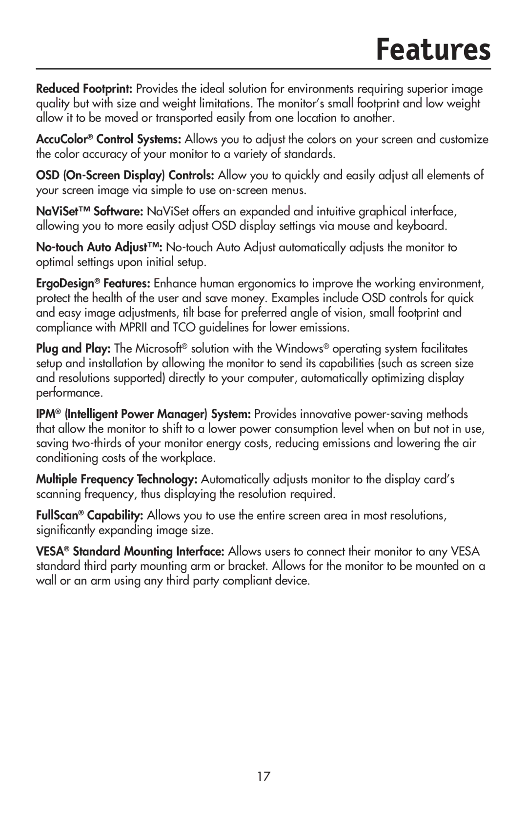 NEC LCD73VXTM, LCD73VXM, LCD93VXMTM user manual Features 