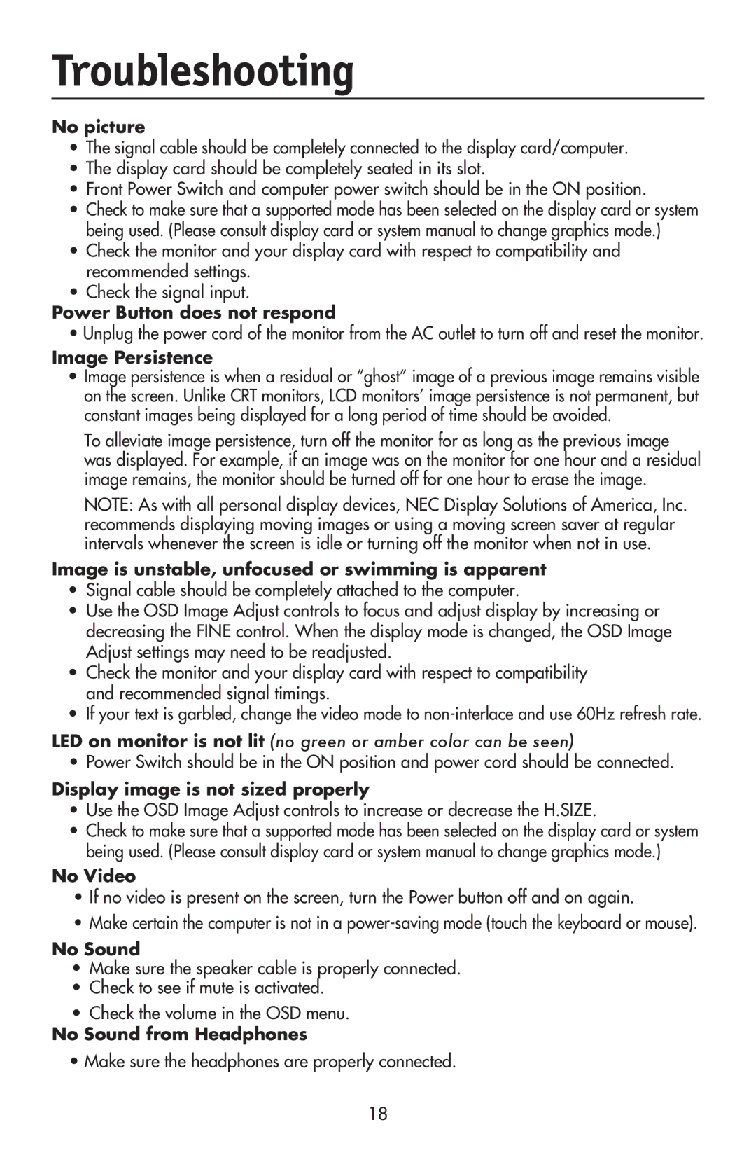 NEC LCD73VXTM, LCD73VXM, LCD93VXMTM user manual Troubleshooting, Make sure the headphones are properly connected 