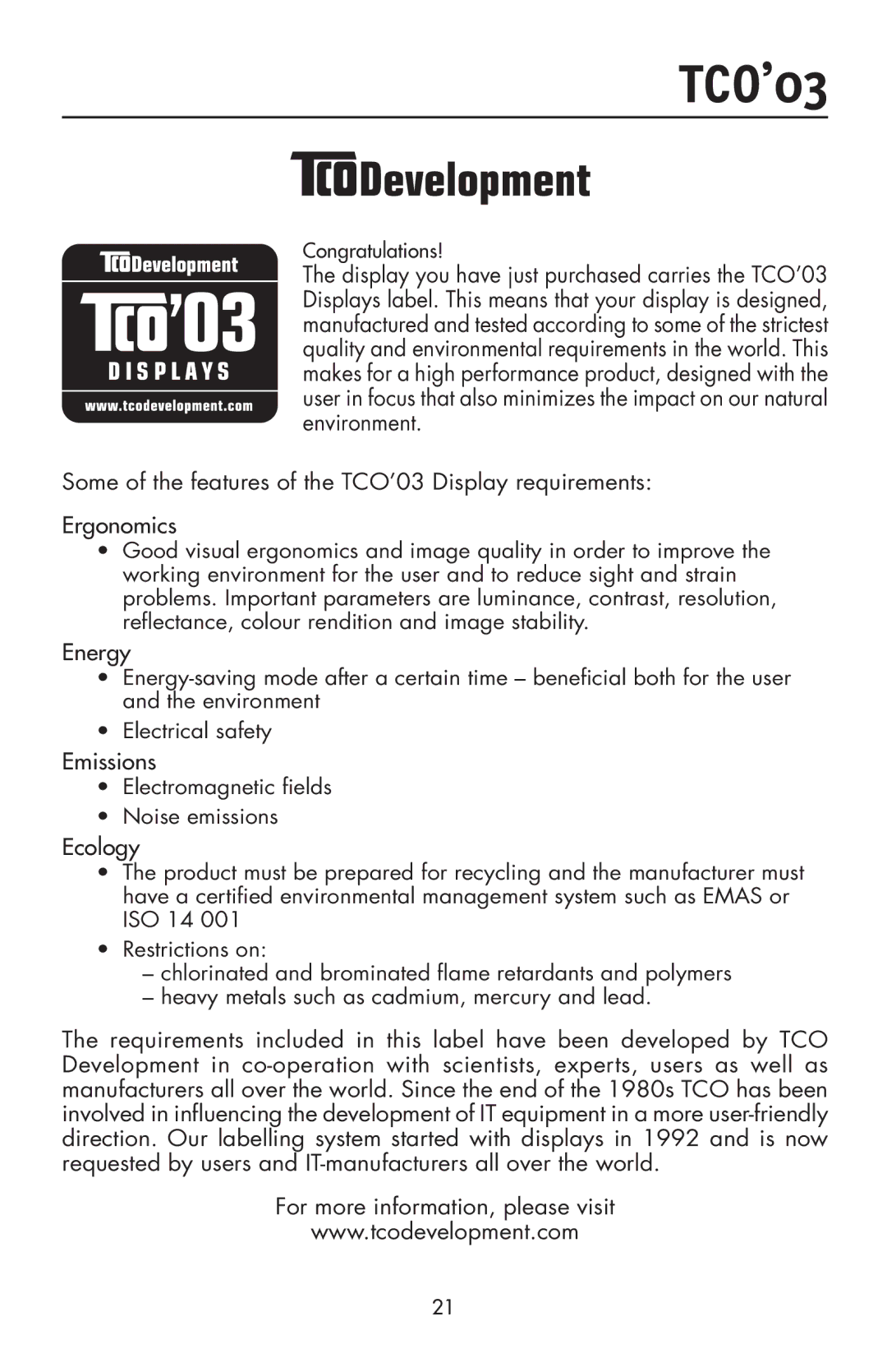 NEC LCD73VXTM, LCD73VXM, LCD93VXMTM user manual TCO’03 