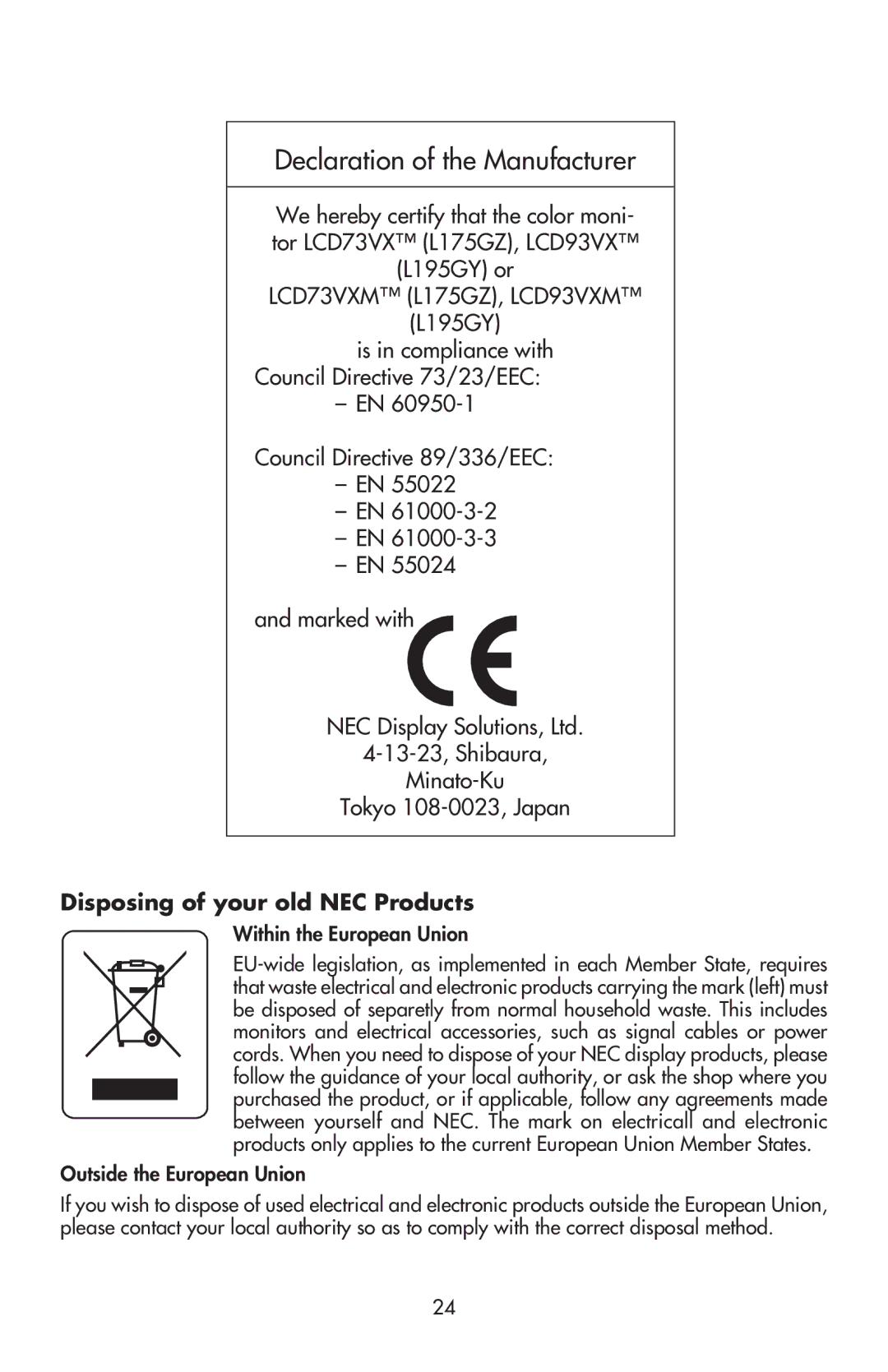 NEC LCD93VXMTM, LCD73VXTM Declaration of the Manufacturer, Disposing of your old NEC Products, Within the European Union 