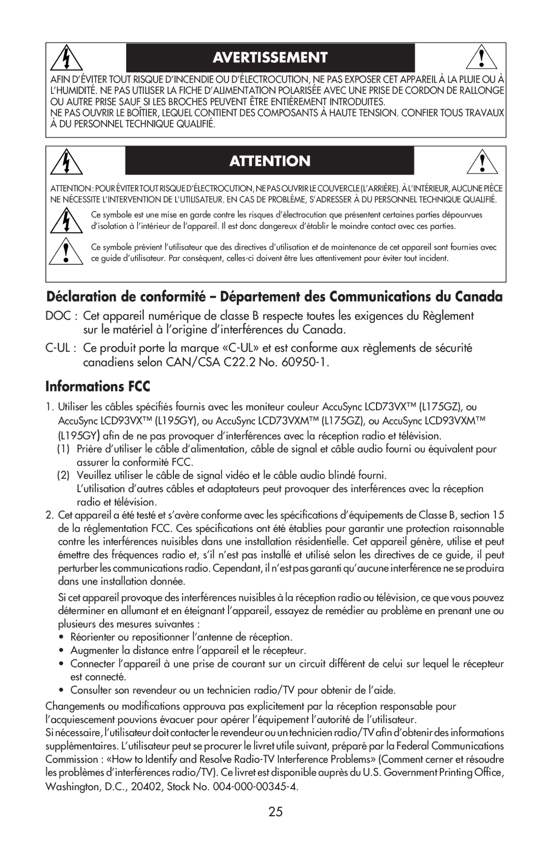 NEC LCD73VXTM, LCD73VXM, LCD93VXMTM user manual Avertissement, Informations FCC 