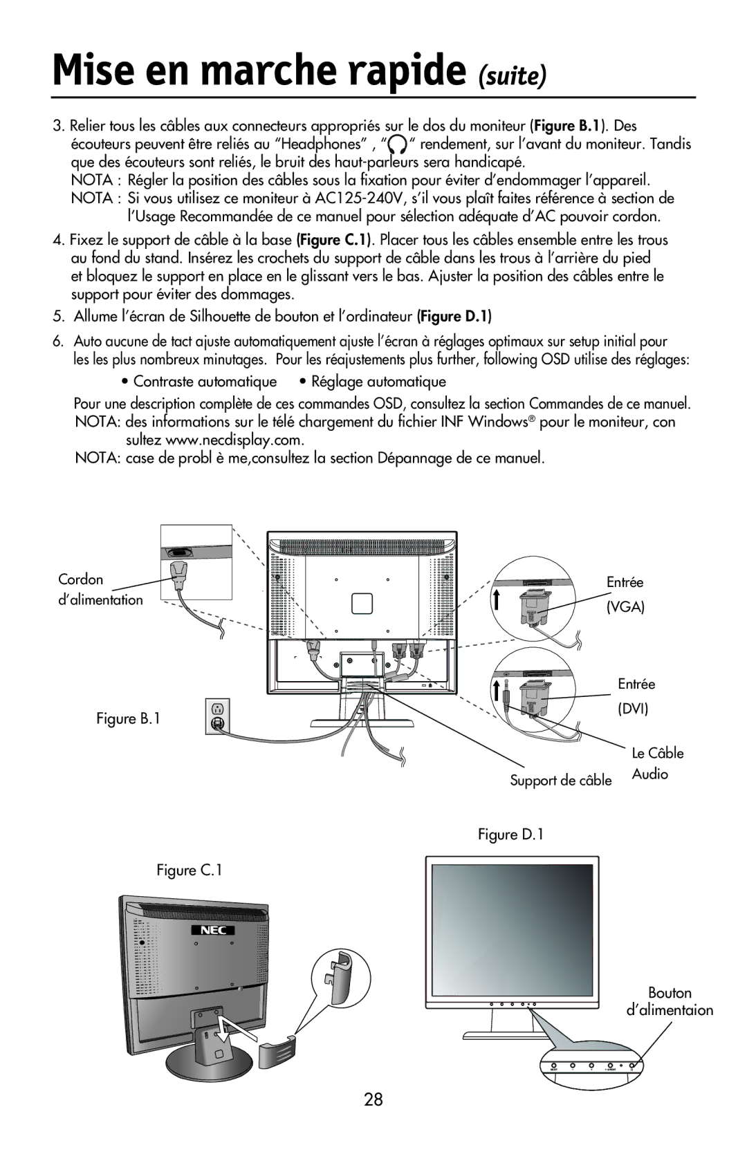 NEC LCD93VXMTM, LCD73VXTM, LCD73VXM user manual Mise en marche rapide suite, Contraste automatique Réglage automatique 