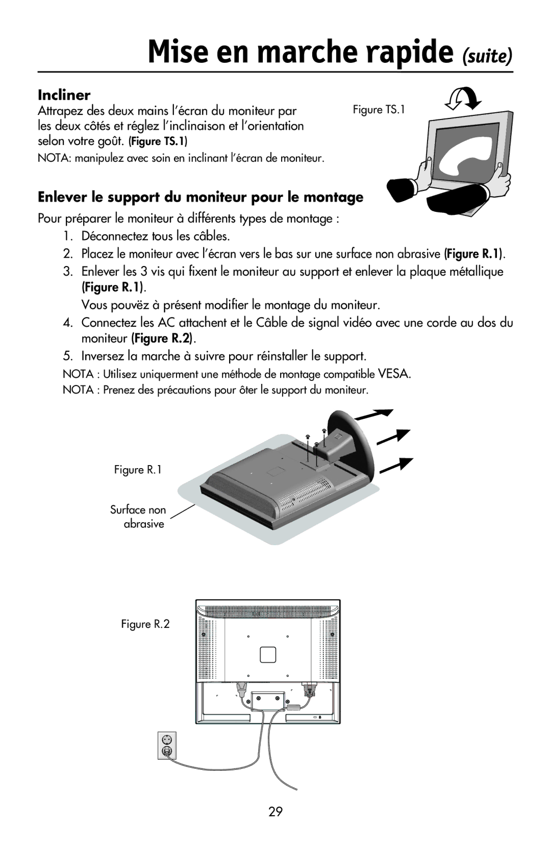 NEC LCD93VX Incliner, Enlever le support du moniteur pour le montage, Attrapez des deux mains l’écran du moniteur par 