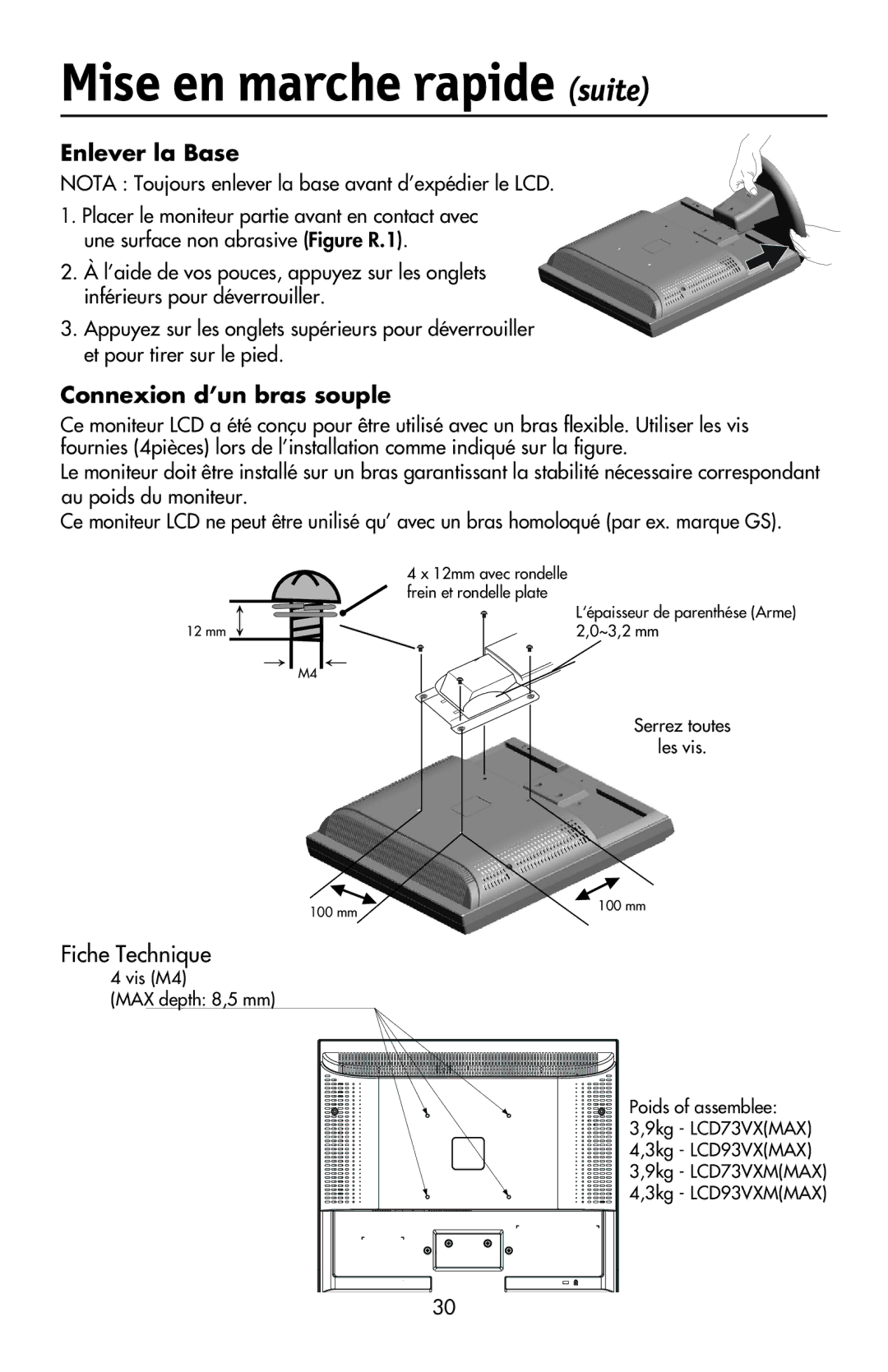 NEC LCD73VXTM Enlever la Base, Connexion d’un bras souple, Fiche Technique, Vis M4 MAX depth 8,5 mm, Serrez toutes Les vis 