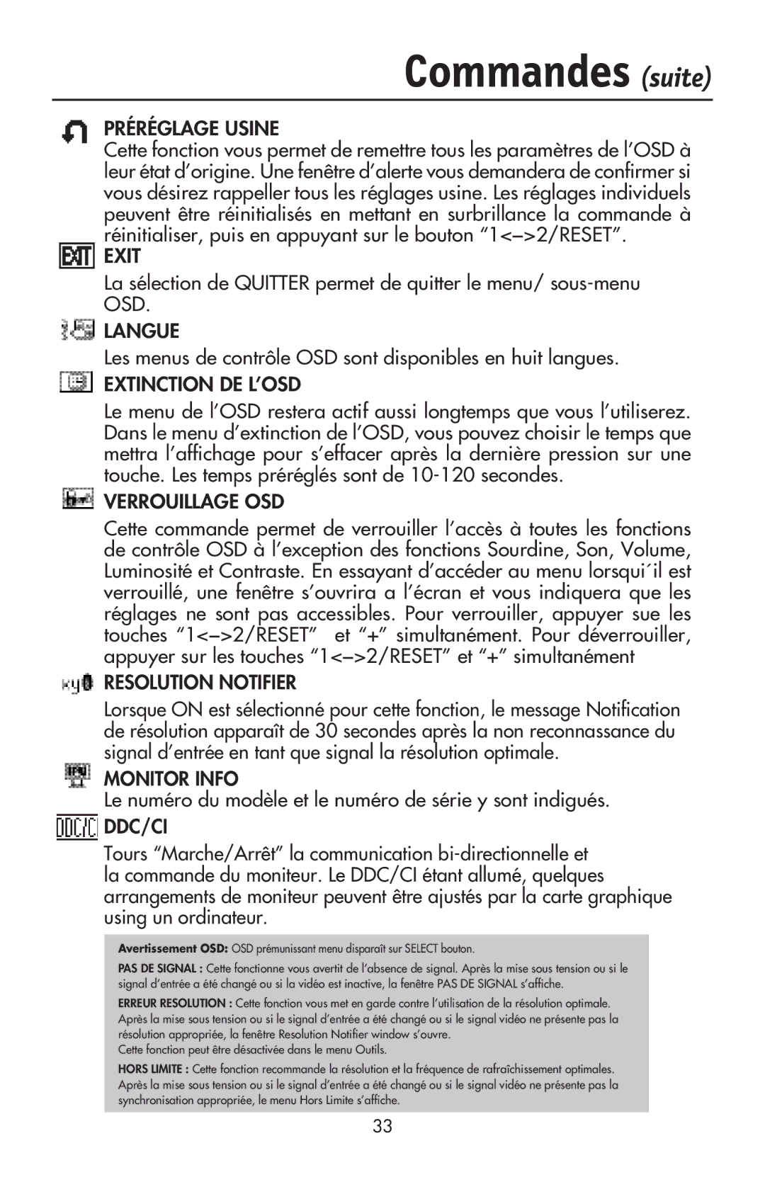 NEC LCD73VXTM, LCD73VXM, LCD93VXMTM user manual Les menus de contrôle OSD sont disponibles en huit langues 